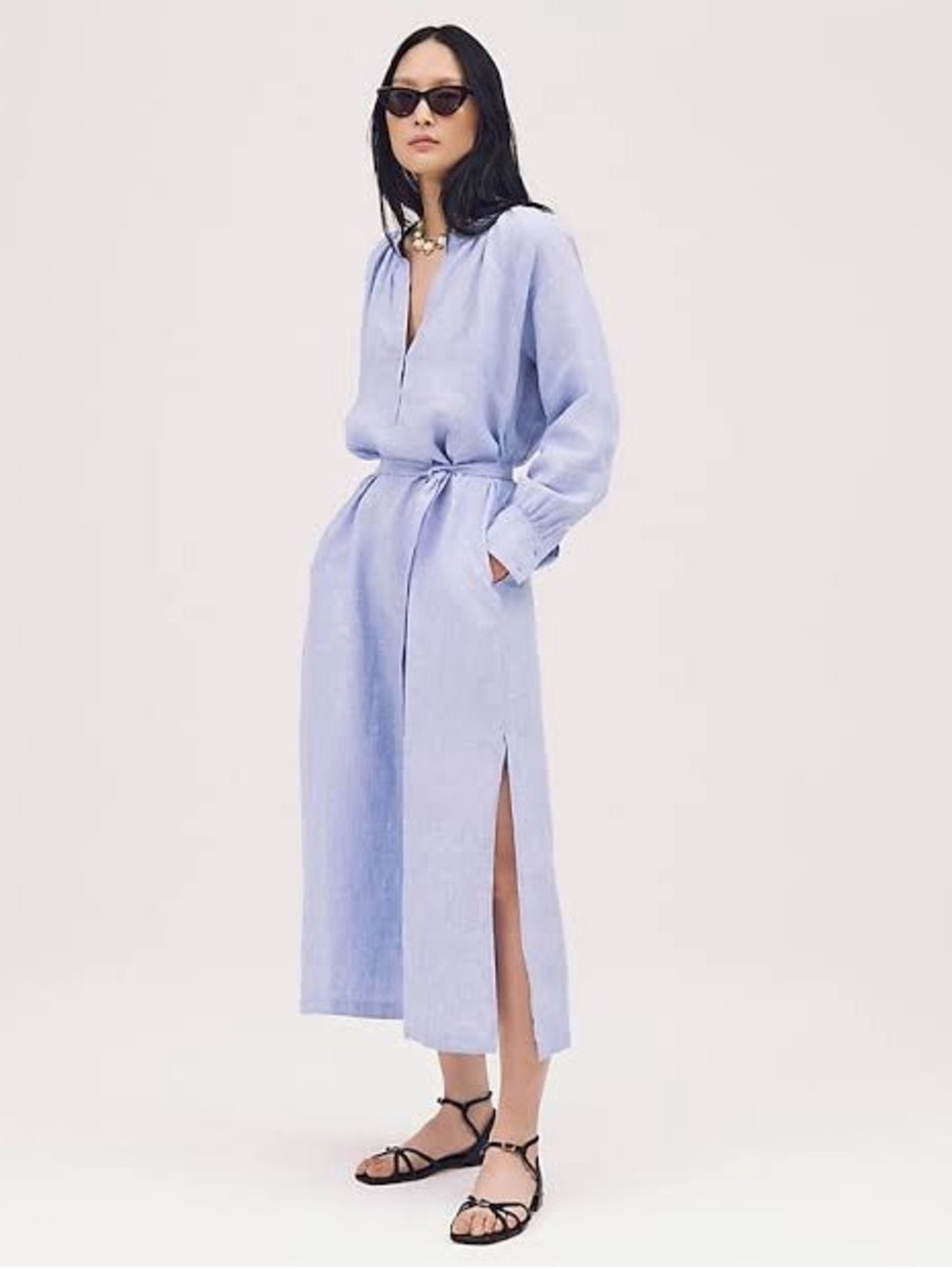 J. Crew Blue Cabana Dress in Linen with Side Slit